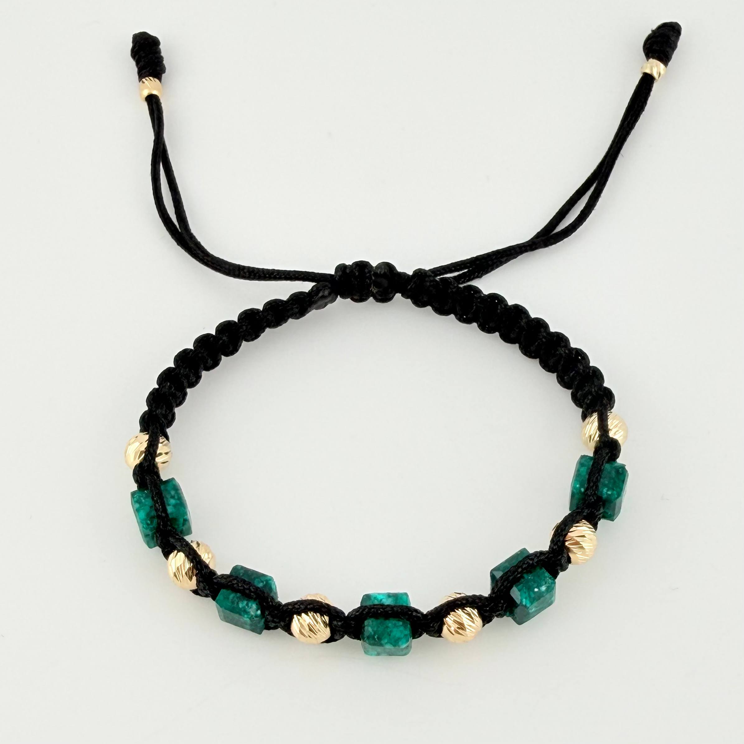 Pulsera Tejida Negra Morralla Esmeralda Cubica 5Und Bolas 8Und Oro Amarillo 18K