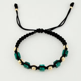 Pulsera Tejida Negra Morralla Esmeralda Cubica 5Und Bolas 8Und Oro Amarillo 18K