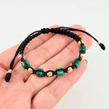 Pulsera Tejida Negra Morralla Esmeralda Cubica 5Und Bolas 8Und Oro Amarillo 18K
