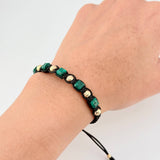 Pulsera Tejida Negra Morralla Esmeralda Cubica 5Und Bolas 8Und Oro Amarillo 18K