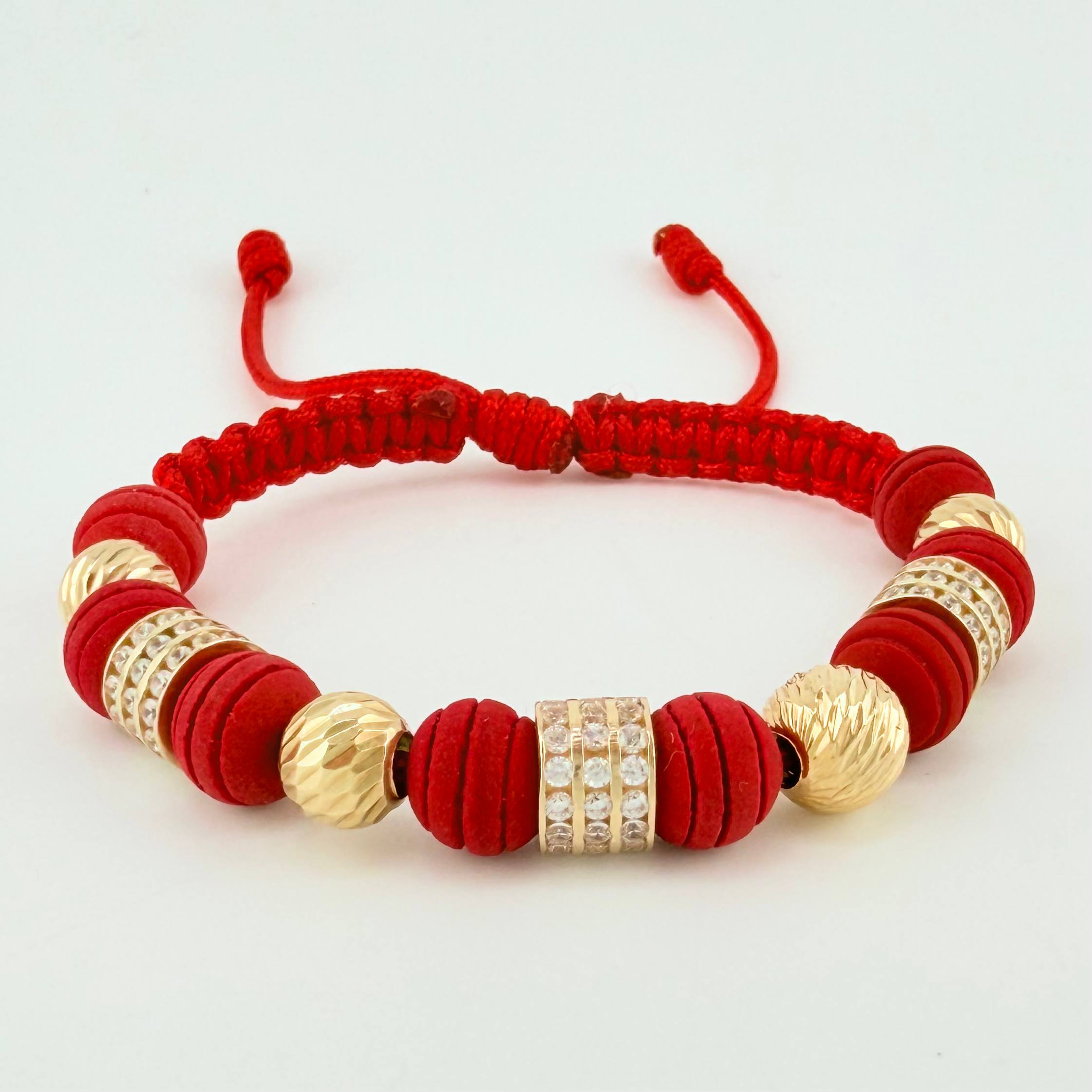 Pulsera Tejida Roja Neo Cilindros Triado Bolas 4Und Oro Amarillo 18K