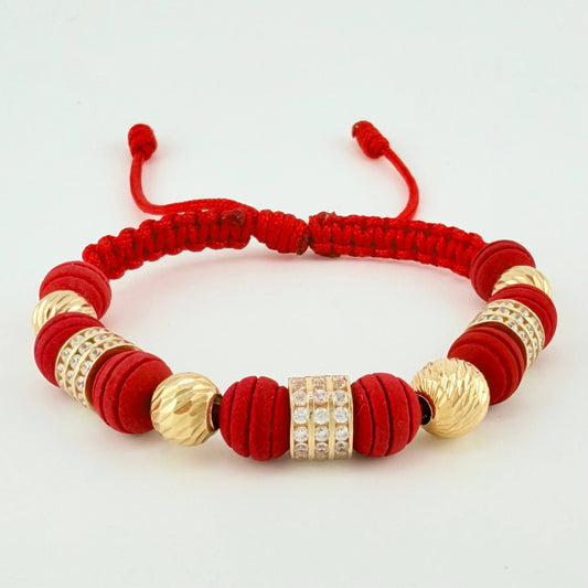 Pulsera Tejida Roja Neo Cilindros Triado Bolas 4Und Oro Amarillo 18K