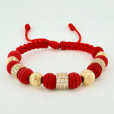 Pulsera Tejida Roja Neo Cilindros Triado Bolas 4Und Oro Amarillo 18K