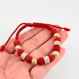 Pulsera Tejida Roja Neo Cilindros Triado Bolas 4Und Oro Amarillo 18K