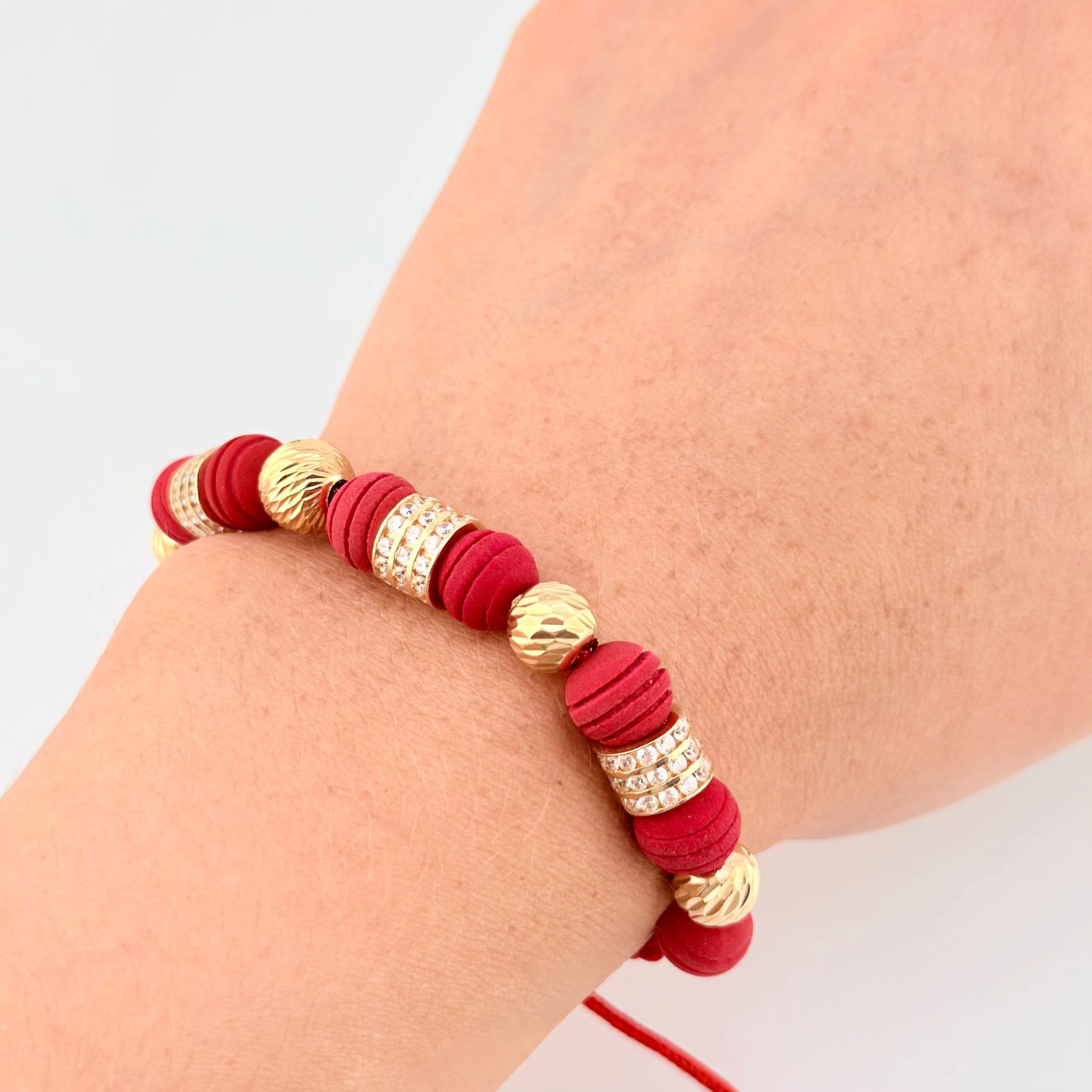 Pulsera Tejida Roja Neo Cilindros Triado Bolas 4Und Oro Amarillo 18K