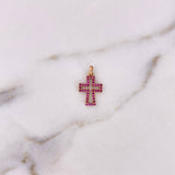 Dije Silueta Cruz 0.9gr / 1.8cm / Circones Fucsias Oro Rosa 18K &