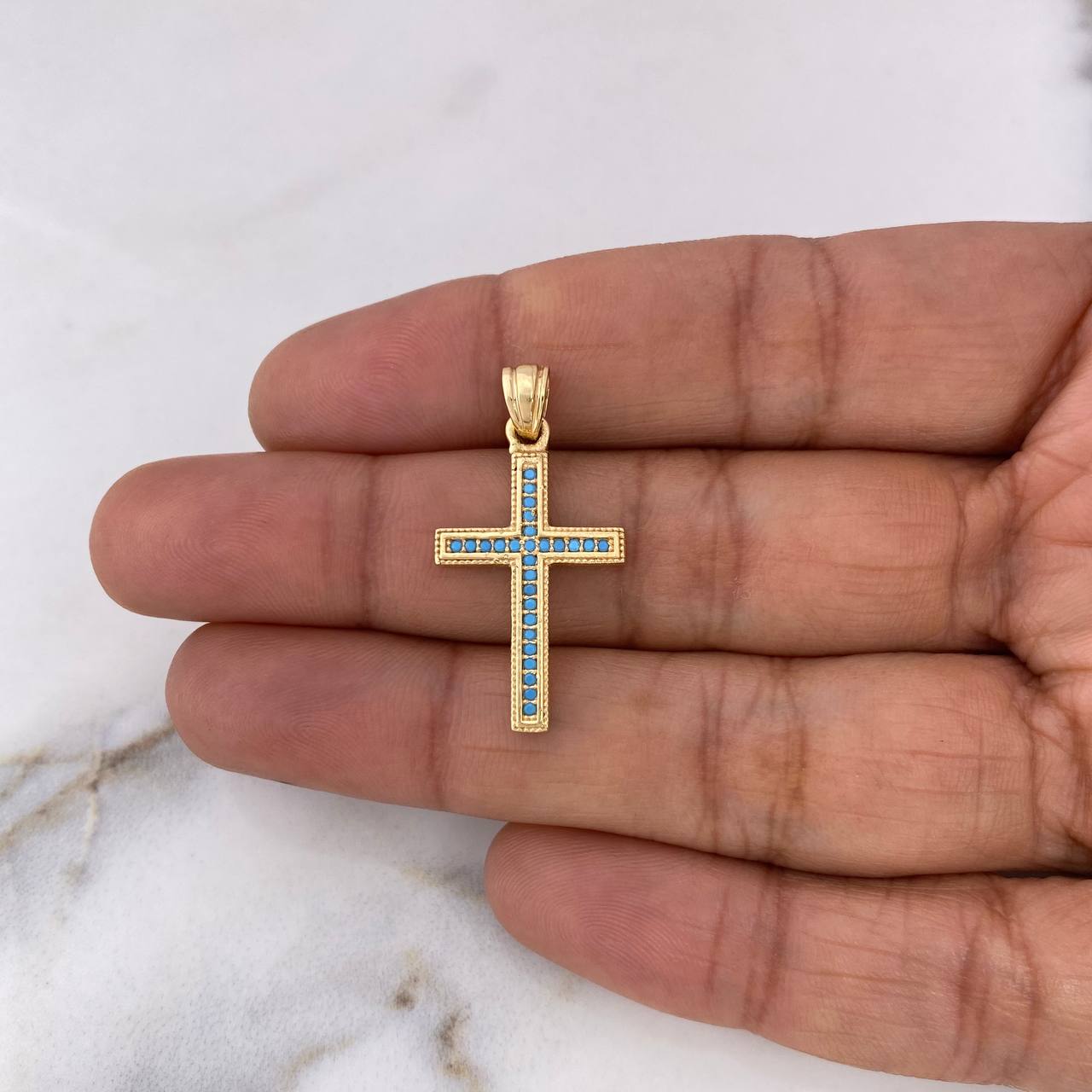 Dije Cruz 2.25gr / 3cm / Circones Azules Oro Amarillo 18K $