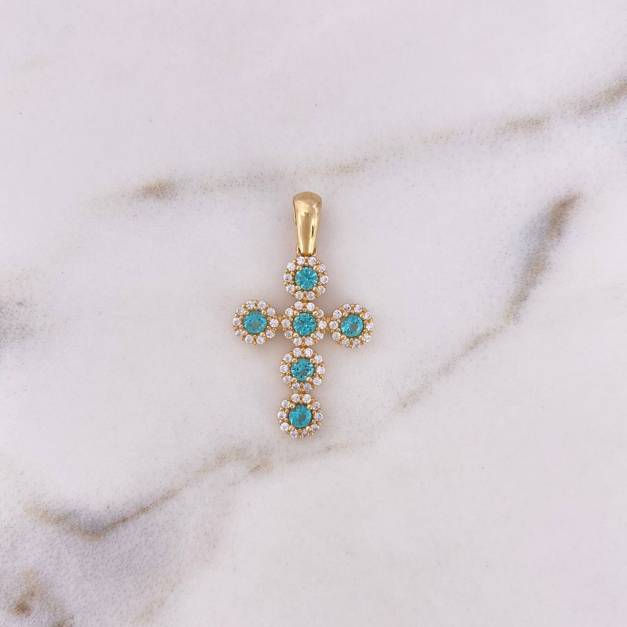Dije Cruz Tupida 2.05gr / 2.8cm / Circones Blancos Azules Oro Amarillo 18K #