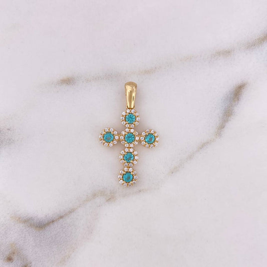 Dije Cruz Tupida 2.7gr / 3.3cm / Circones Blancos Azules Oro Amarillo 18K &