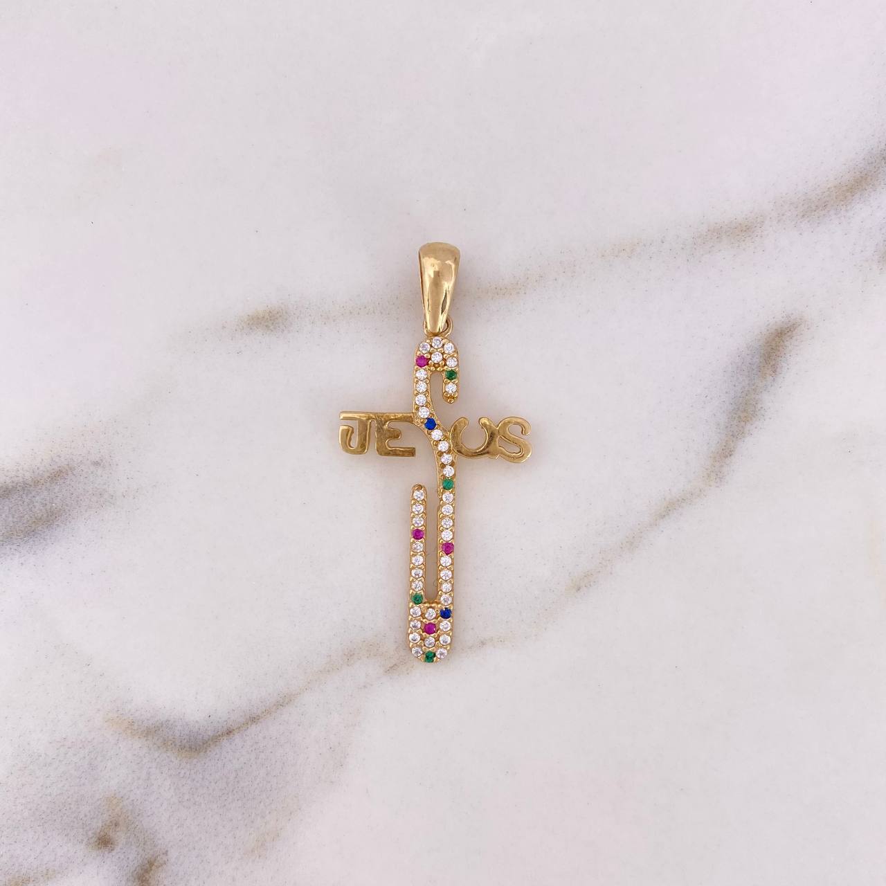 Dije Cruz Jesus 2.65gr / 3.7cm / Circones Colores Oro Amarillo 18K $