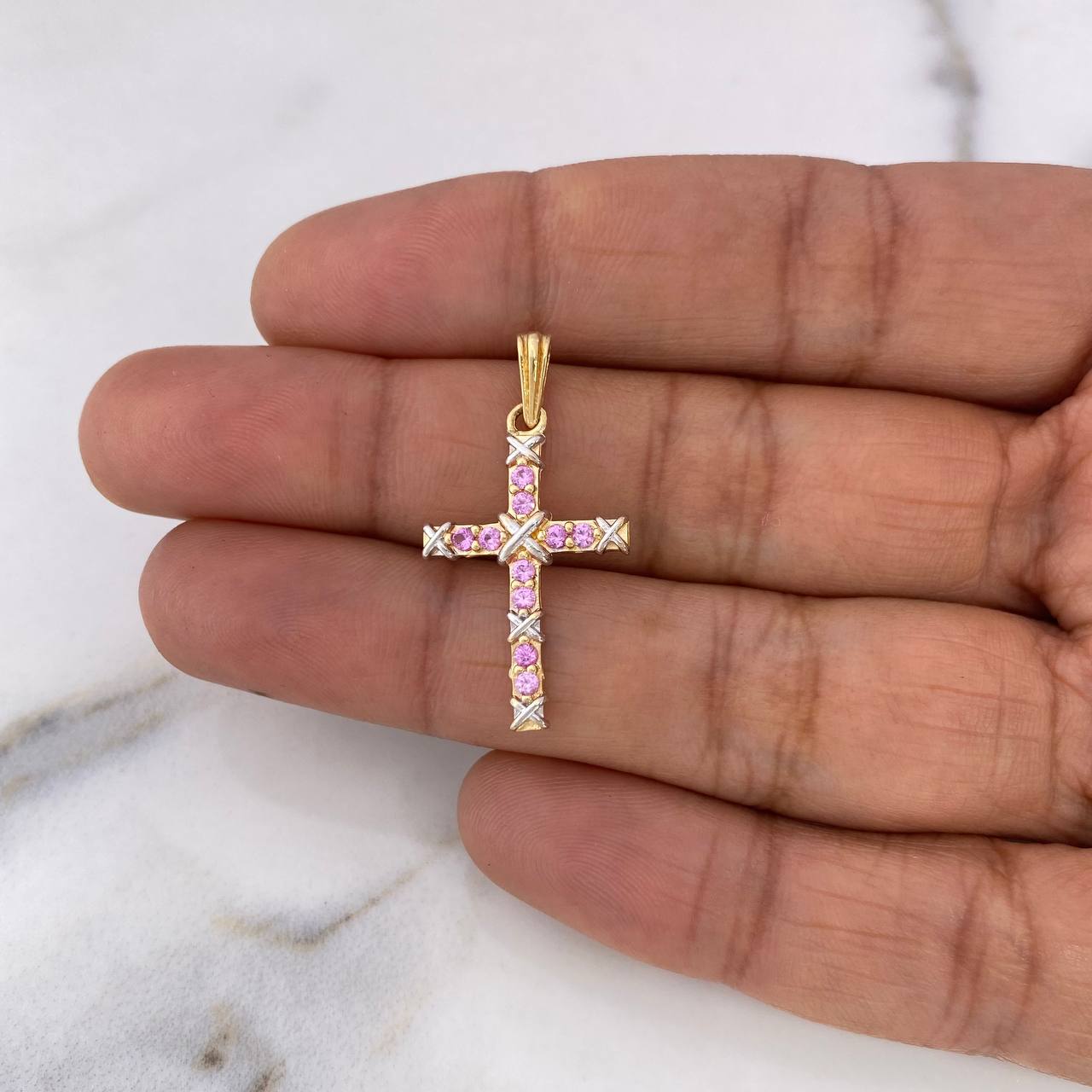 Dije Cruz Penitencia 1.9gr / 3cm / Circones Rosados Dos Oros Amarillo Blanco 18K $