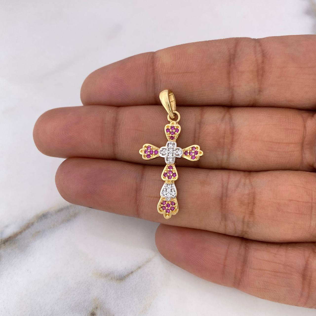 Dije Cruz 2.3gr / 3.3cm / Circones Blancos Fucsias Dos Oros Amarillo Blanco 18K $