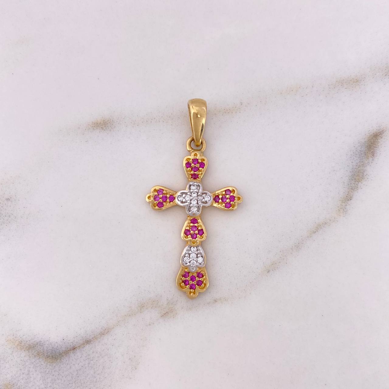 Dije Cruz 2.3gr / 3.3cm / Circones Blancos Fucsias Dos Oros Amarillo Blanco 18K $