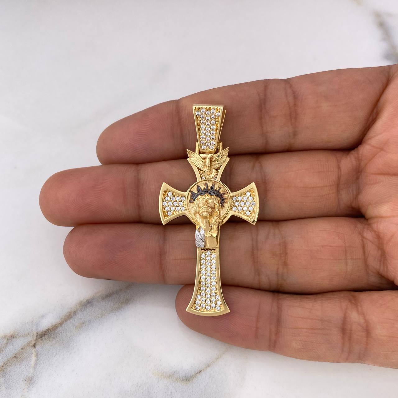 Dije Cruz Rostro Cristo 8.95gr / 4.9cm / Circones Blancos Dos Oros Amarillo Blanco 18K $