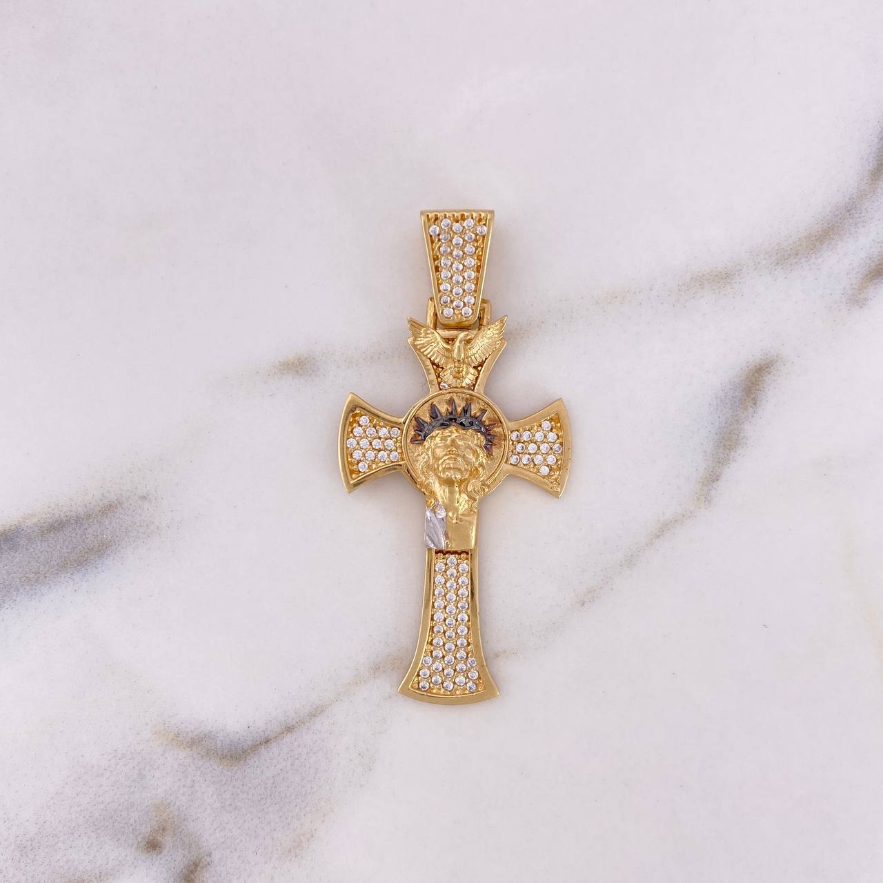 Dije Cruz Rostro Cristo 8.95gr / 4.9cm / Circones Blancos Dos Oros Amarillo Blanco 18K $
