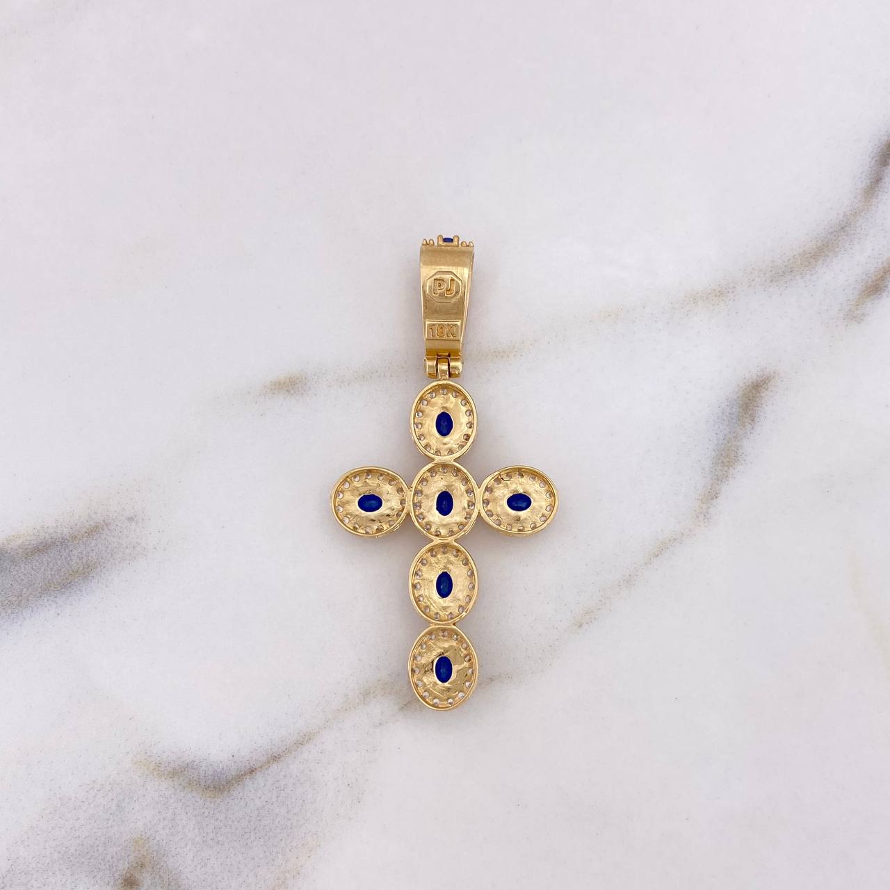 Dije Cruz Tupida 4.85gr / 4.5cm / Circones Blancos Azules Oro Amarillo 18K #