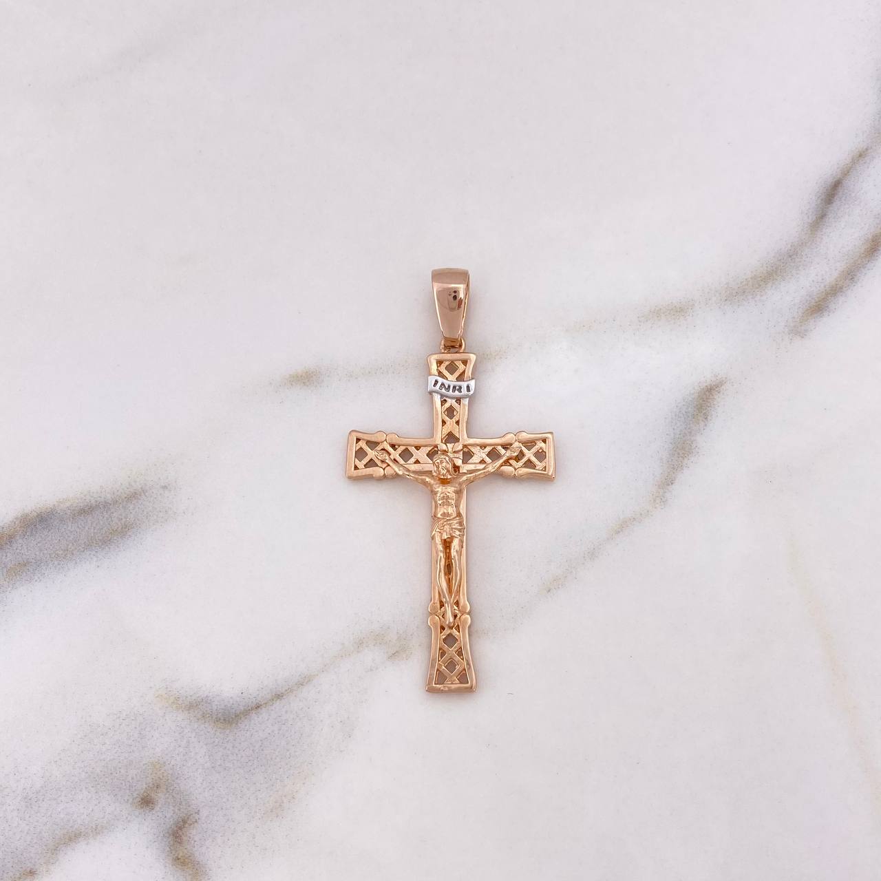 Dije Cruz Cristo 6gr / 4.7cm / Dos Oros Blanco Rosa 18K #