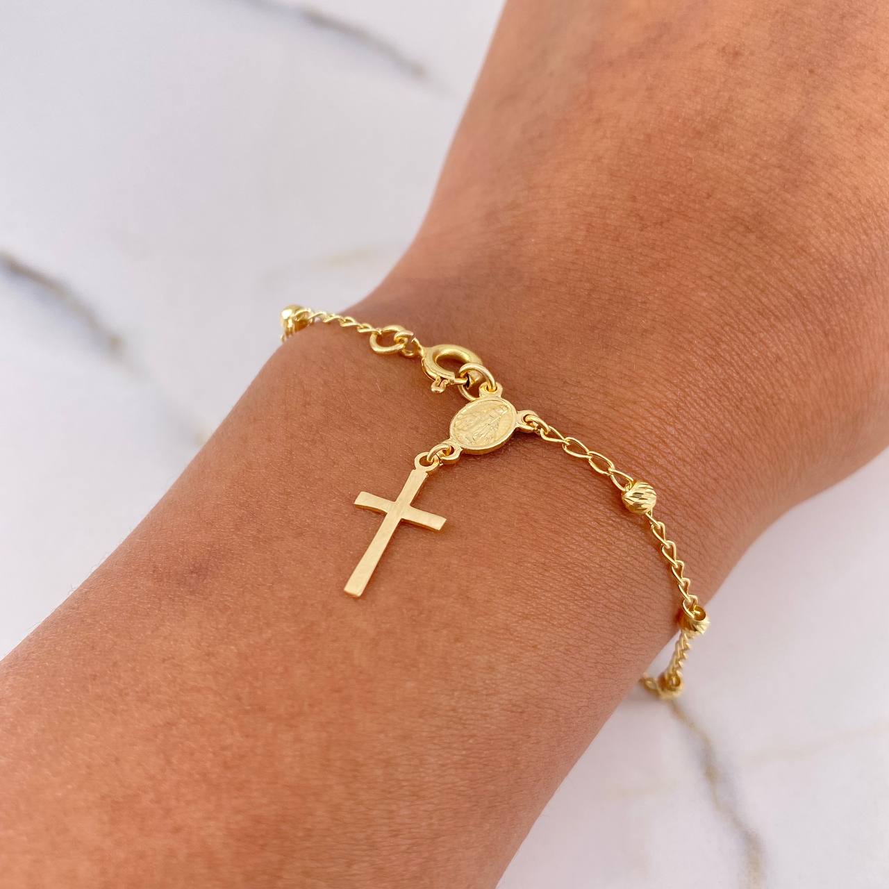 Pulso Denario Virgen Milagrosa 2.45gr / 19cm / 2.7mm Bolas Diamantadas Oro Amarillo 18K #