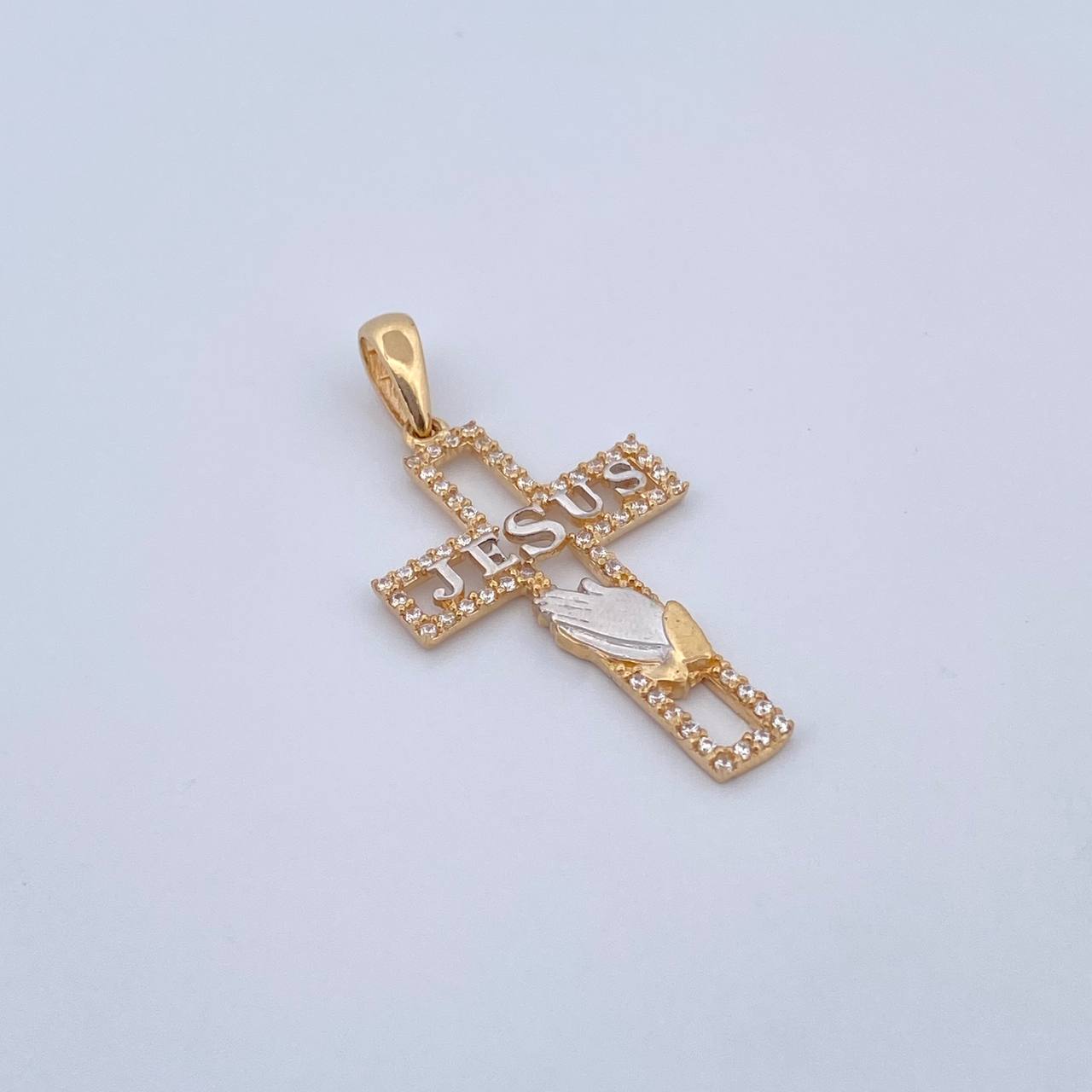 Dije Cruz Jesus 2.3gr / 3.7cm / Circones Blancos Dos Oros Amarillo Blanco 18K &