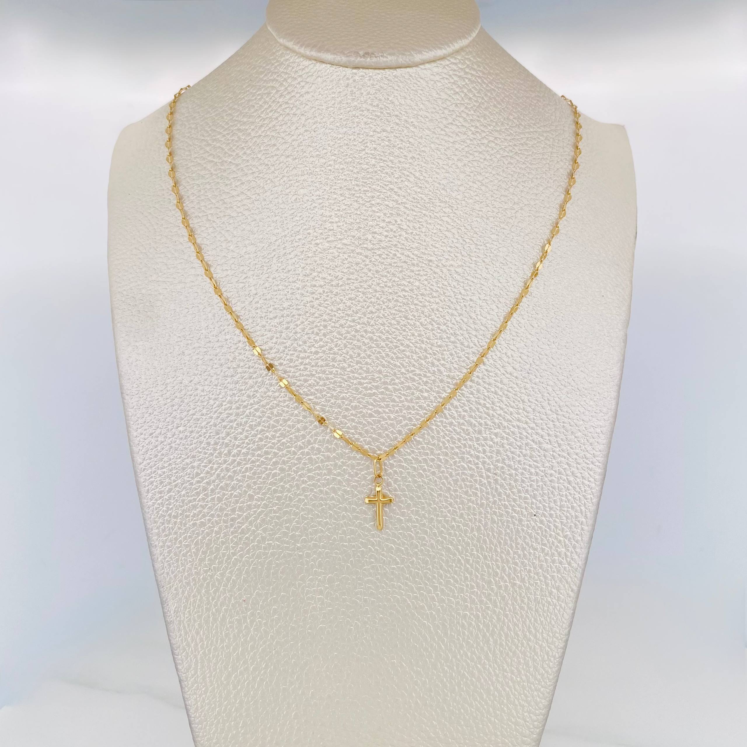 Set Cadena Flor Espejo + Dije Cruz / 1.4 g / 40 cm Oro Amarillo 18K