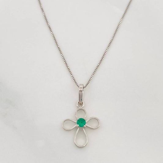 Set Cadena Veneciana + Dije Cruz Esmeralda 6pts / 1.45g / 45cm Oro Blanco 18K