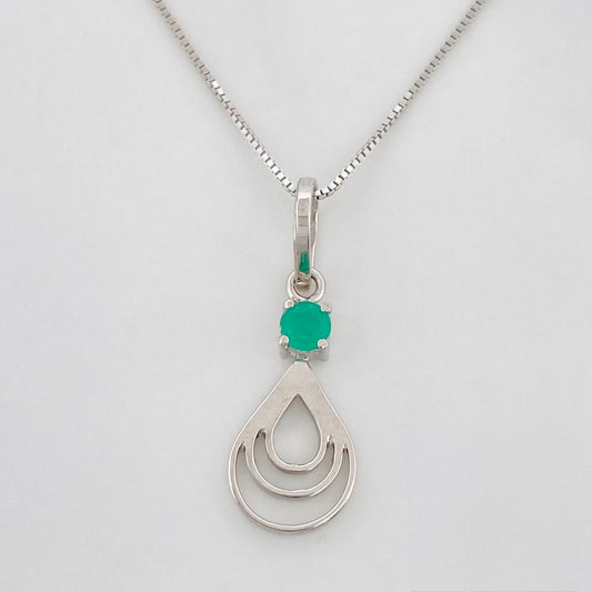 Set Cadena Veneciana + Dije Lágrima Doble Esmeralda 9pts / 2g / 50cm Oro Blanco 18K