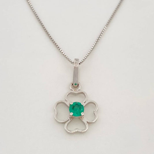 Set Cadena Veneciana + Dije Flor Esmeralda 9pts / 1.5g / 45cm Oro Blanco 18K