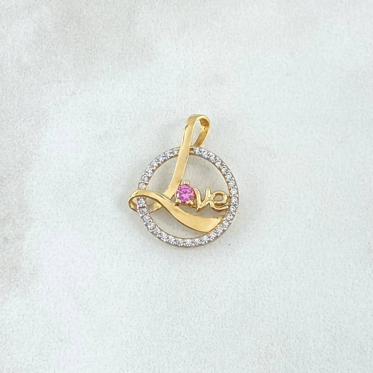 Dije LOVE en Circulo 1.35gr / 2cm / Circones Blancos Rosado Oro Amarillo 18K