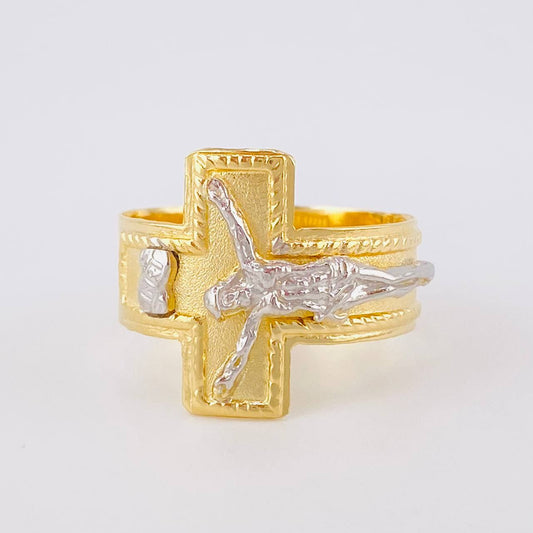 Anillo Cruz Cristo 4.05g / T9 1/4 Dos Oros Amarillo Blanco 18K