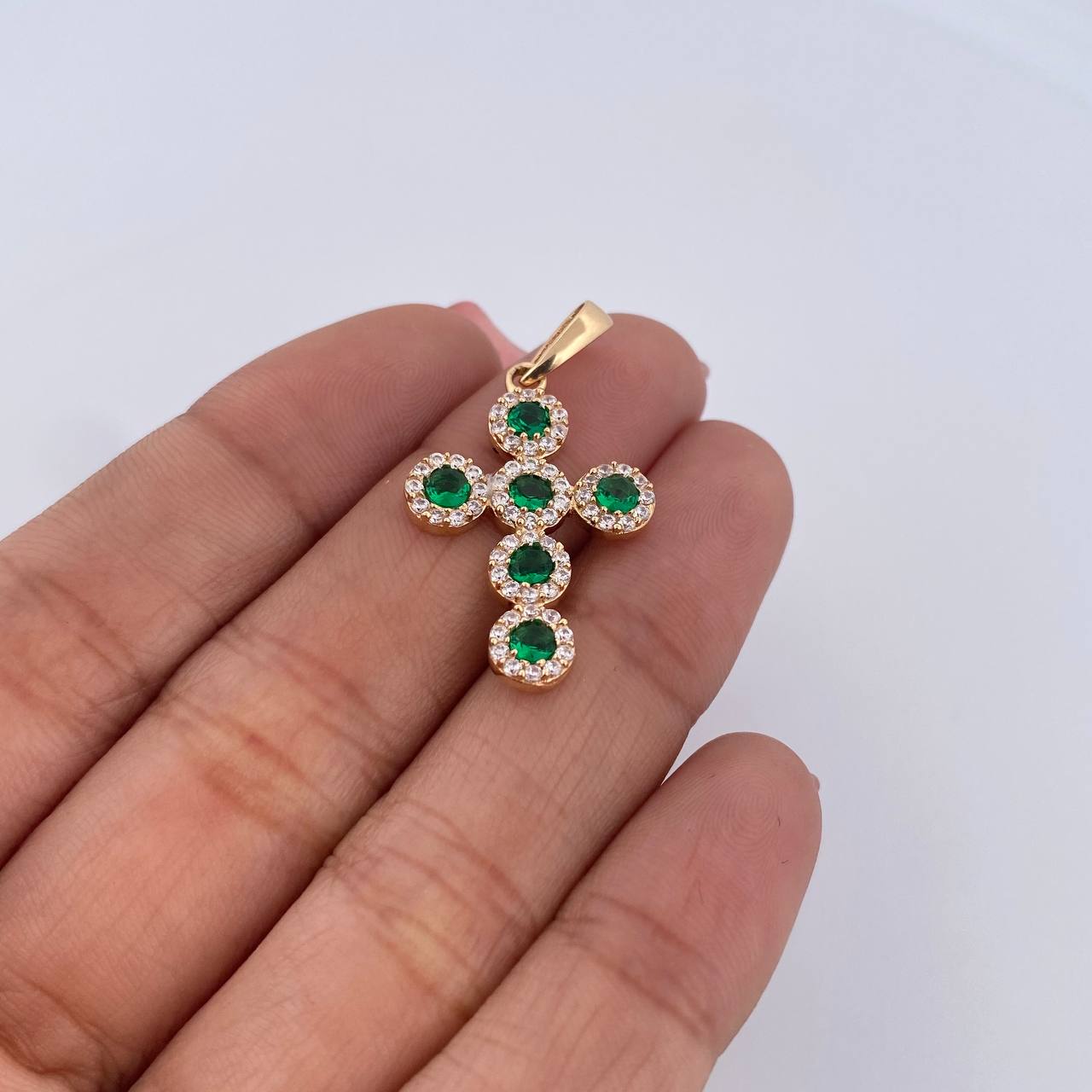 Dije Cruz Tupida 2.25gr / 3.2cm / Circones Blancos Verdes Oro Amarillo 18K &