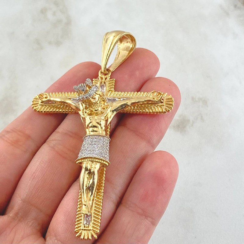 Dije Cruz Cristo 21.2gr / 7.5cm / Dos Oros Amarillo Blanco 18K ©