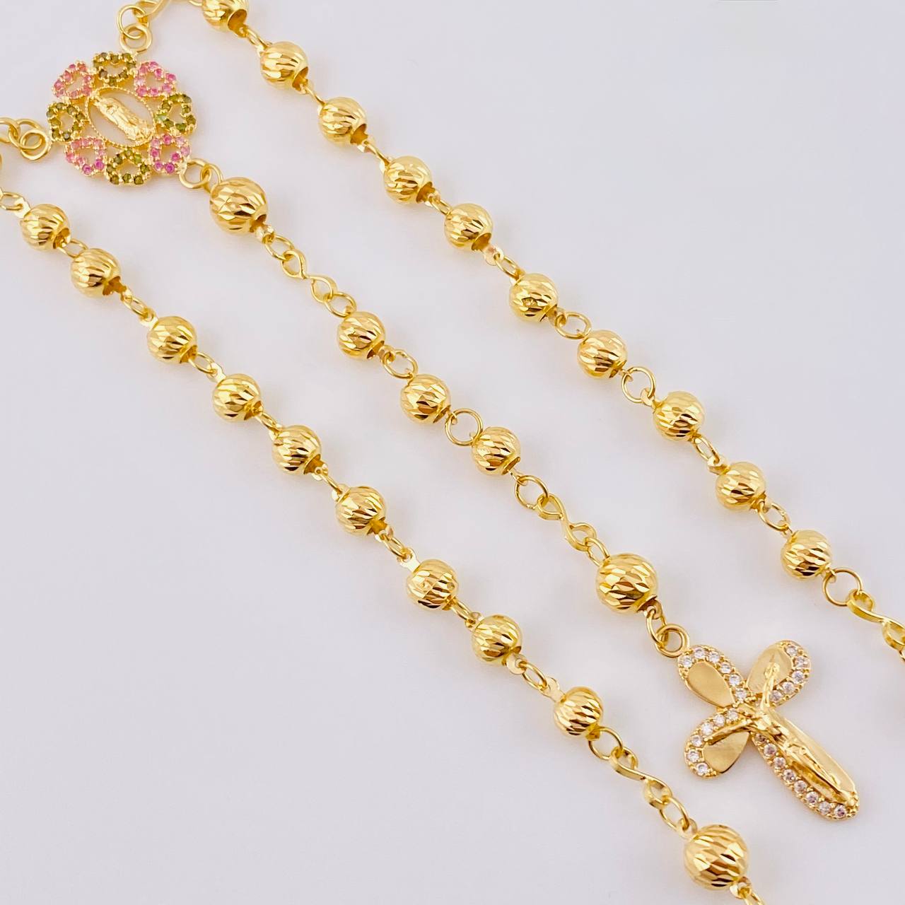 Rosario Virgen Guadalupe Corazones Diamantado 10 g / 50 cm / 4 mm - 5 mm Oro Amarillo 18K