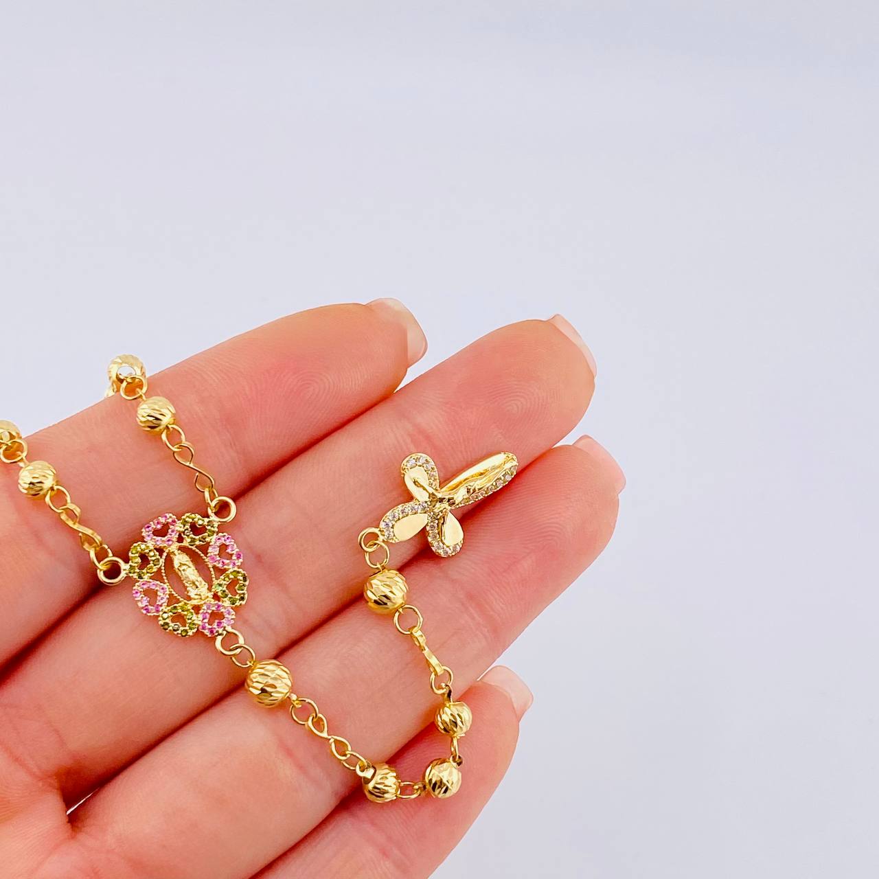 Rosario Virgen Guadalupe Corazones Diamantado 10 g / 50 cm / 4 mm - 5 mm Oro Amarillo 18K