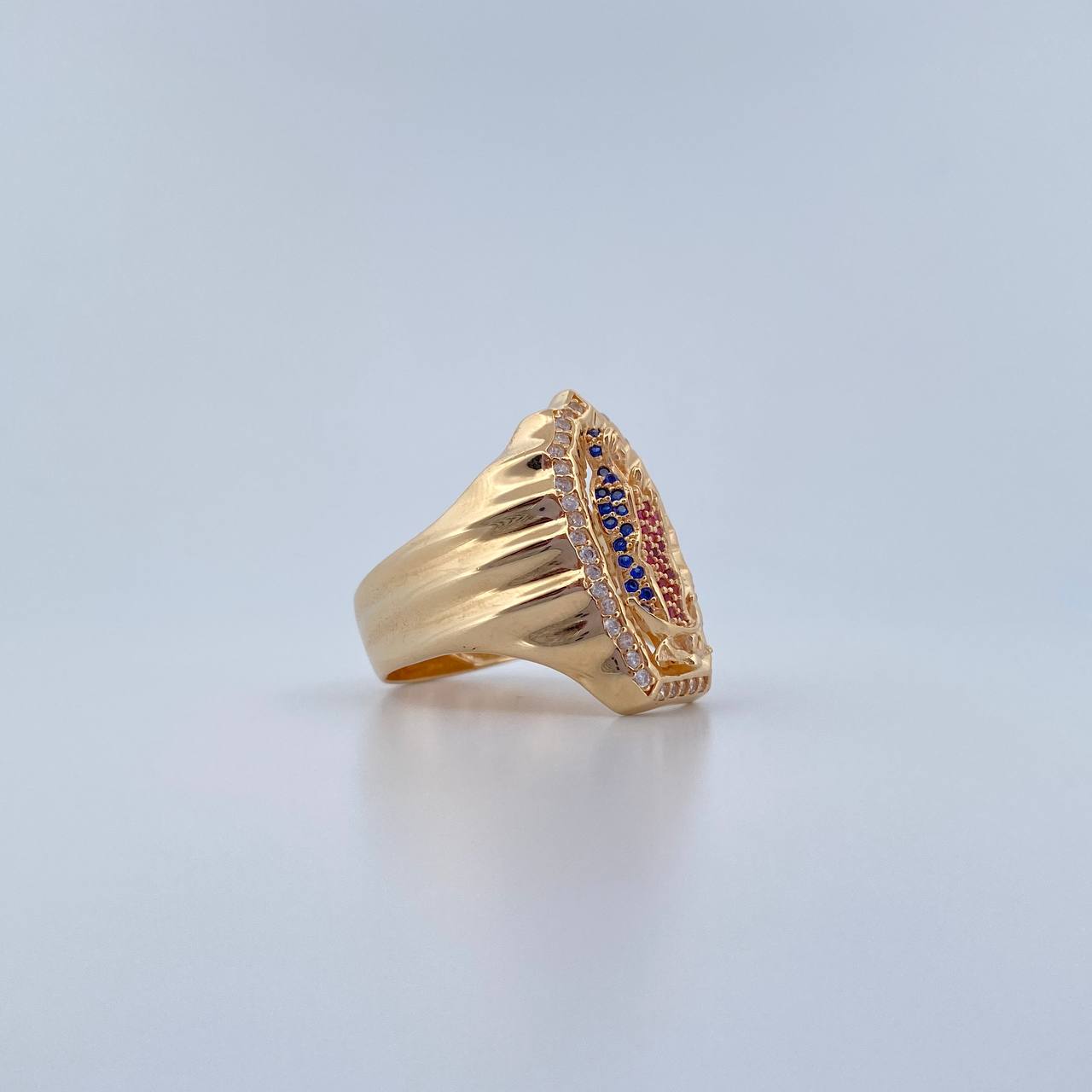 Anillo Virgen Guadalupe 11.35gr / T11 1/4 / Circones Azules Fucsias Blancos Oro Amarillo 18K $