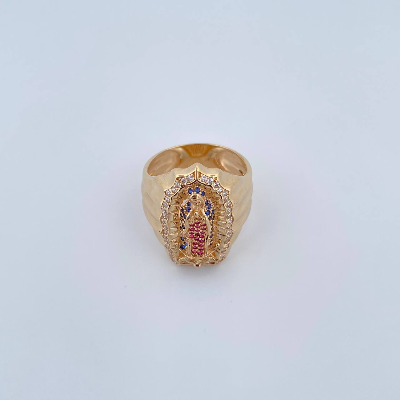 Anillo Virgen Guadalupe 11.35gr / T11 1/4 / Circones Azules Fucsias Blancos Oro Amarillo 18K $