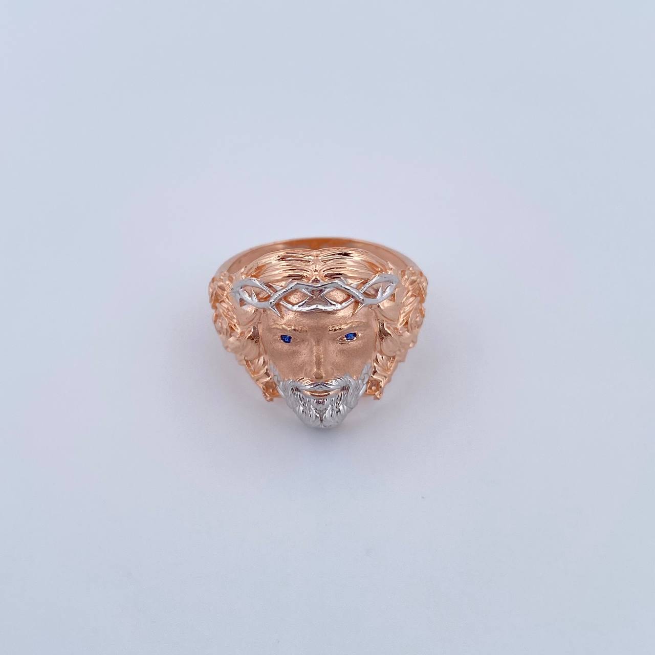 Anillo Rostro Cristo 7.65gr / T9 3/4 / Circones Azules Dos Oros Blanco Rosa 18K $