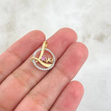 Dije LOVE en Circulo 1.35gr / 2cm / Circones Blancos Rosado Oro Amarillo 18K
