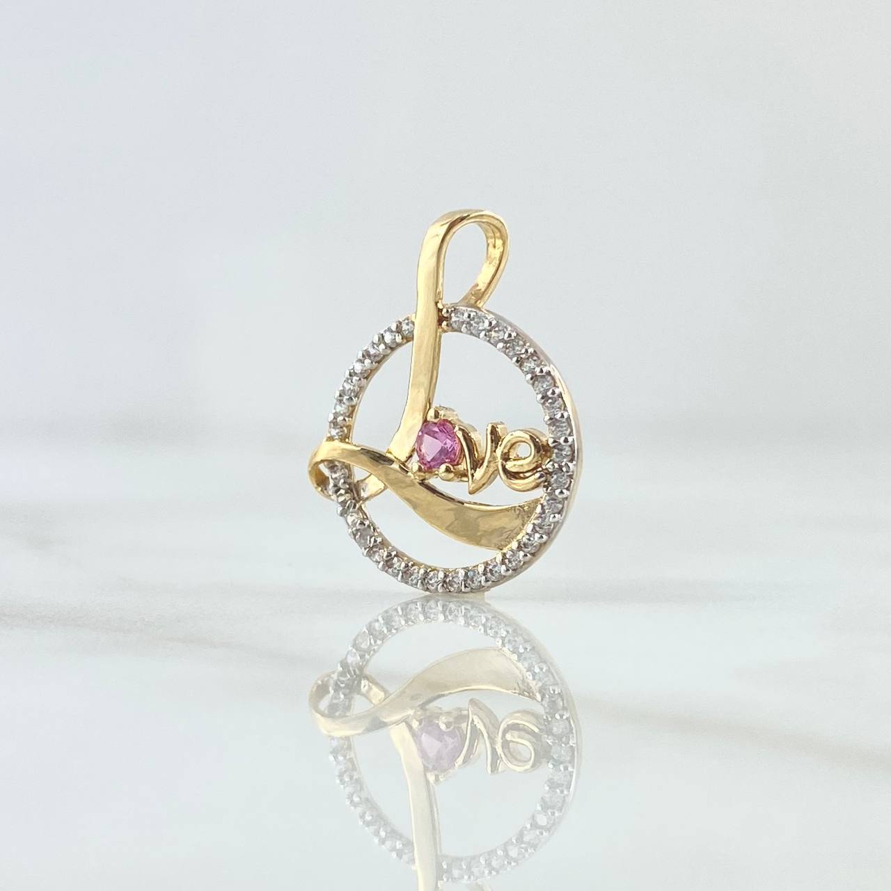 Dije LOVE en Circulo 1.35gr / 2cm / Circones Blancos Rosado Oro Amarillo 18K