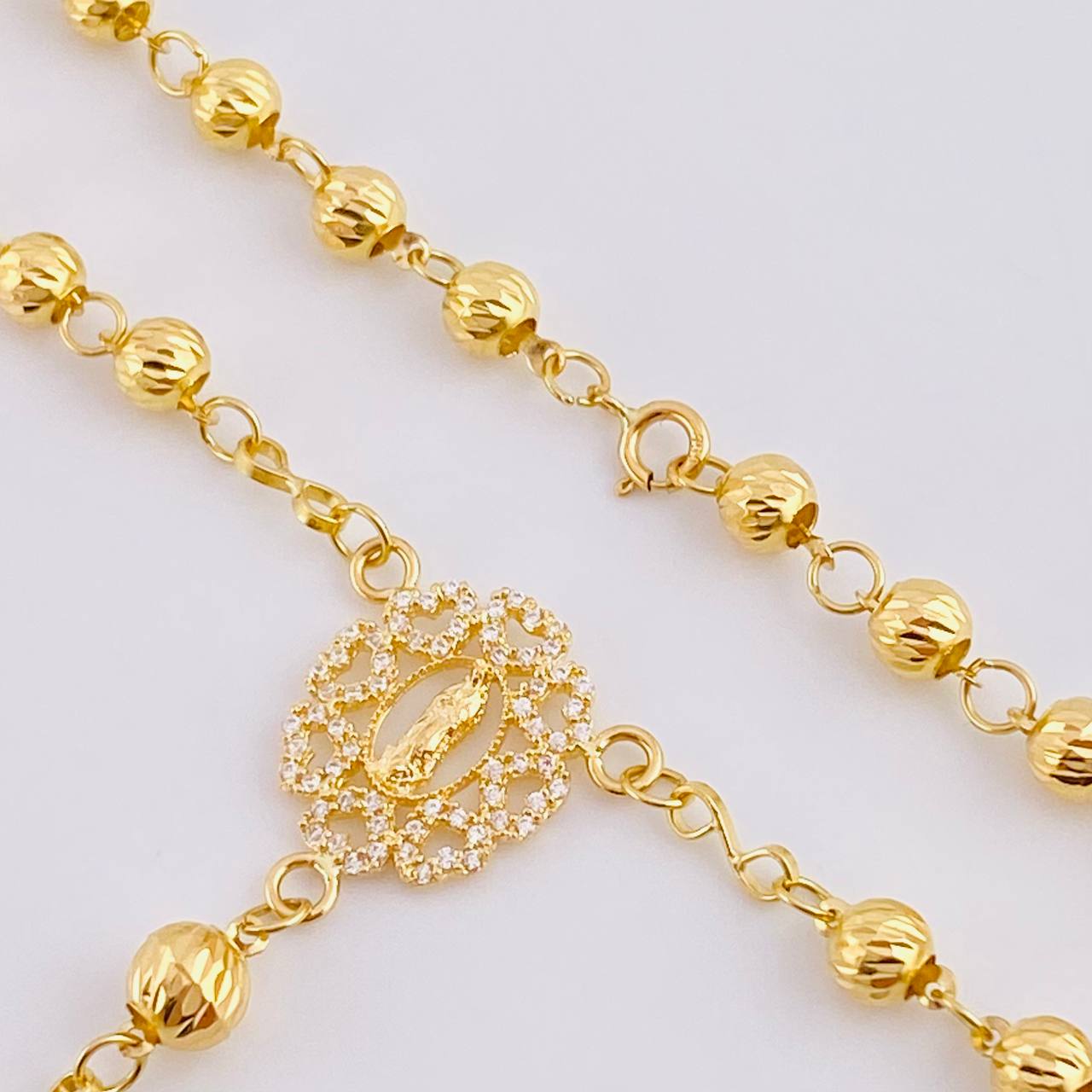 Rosario Virgen Guadalupe Corazones Diamantado 9.7 g / 52 cm / 4 mm - 5 mm Oro Amarillo 18K