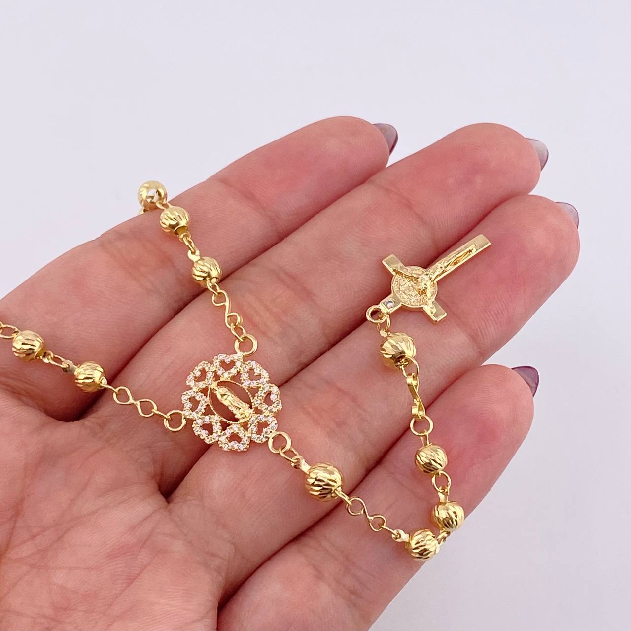 Rosario Virgen Guadalupe Corazones Diamantado 9.7 g / 52 cm / 4 mm - 5 mm Oro Amarillo 18K