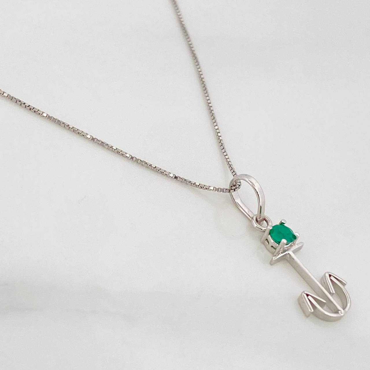 Set Cadena Veneciana + Dije Ancla Esmeralda 7pts / 1.45g / 45cm Oro Blanco 18K