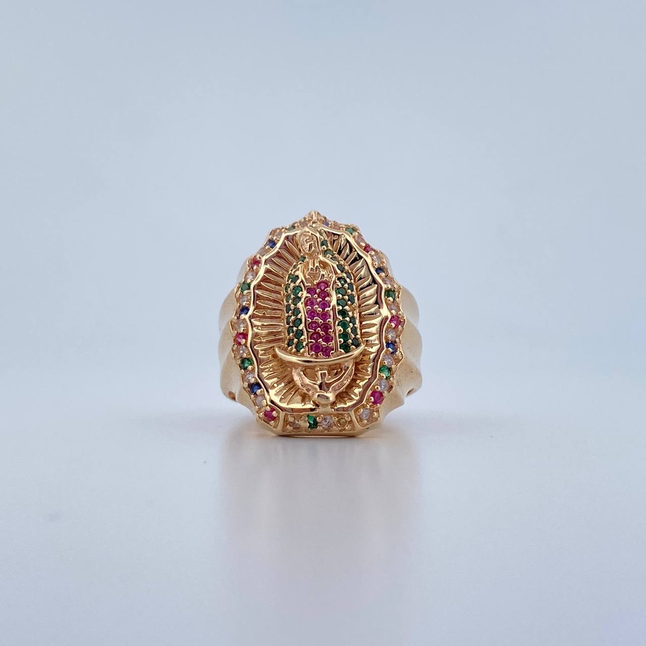 Anillo Virgen Guadalupe 7.9gr / T9 1/4 / Circones Verdes Fucsias Azules Blancos Oro Amarillo 18K $