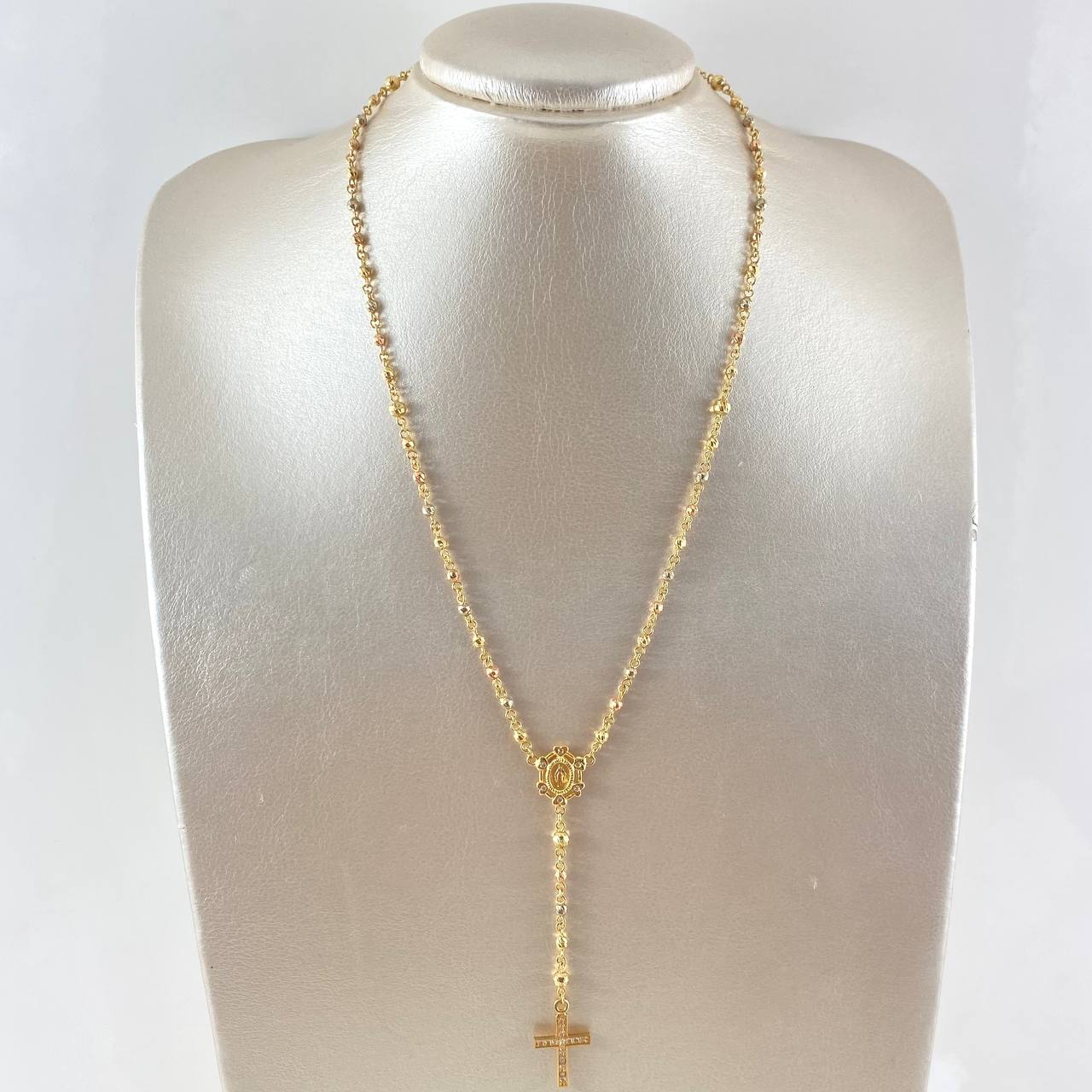 Rosario Virgen Milagrosa Ovalo De Corazones 11.5gr / 47.5cm / 3mm - 4mm Diamantada - Cruz Basteada Tres Oros 18K ©