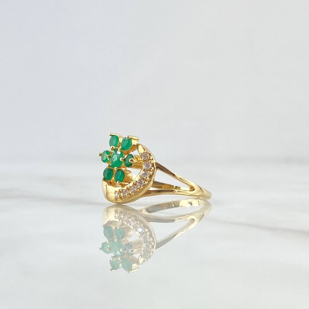 Anillo Flor En Luna 3gr / T6 / Esmeraldas 50Pts - Circones Blancos Oro Amarillo 18K (Joya) ©
