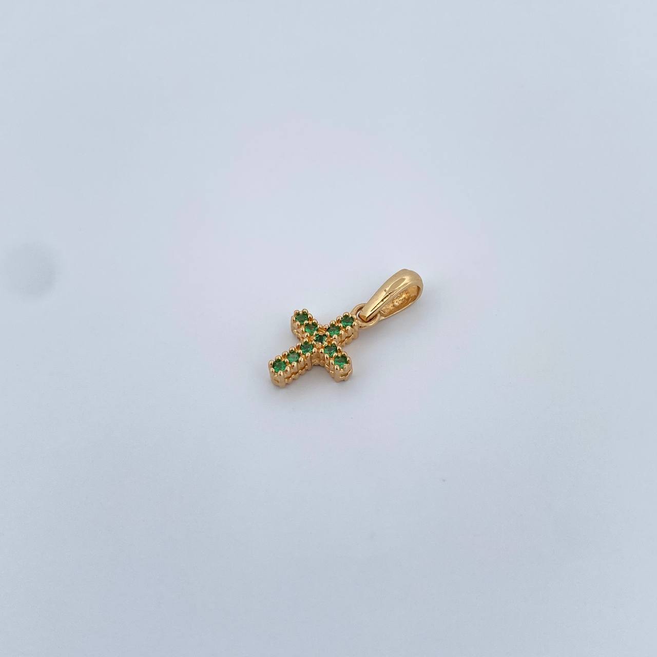 Dije Cruz Doble Faz 0.95gr / 1.7cm / Circones Blancos Verdes Oro Amarillo 18K &