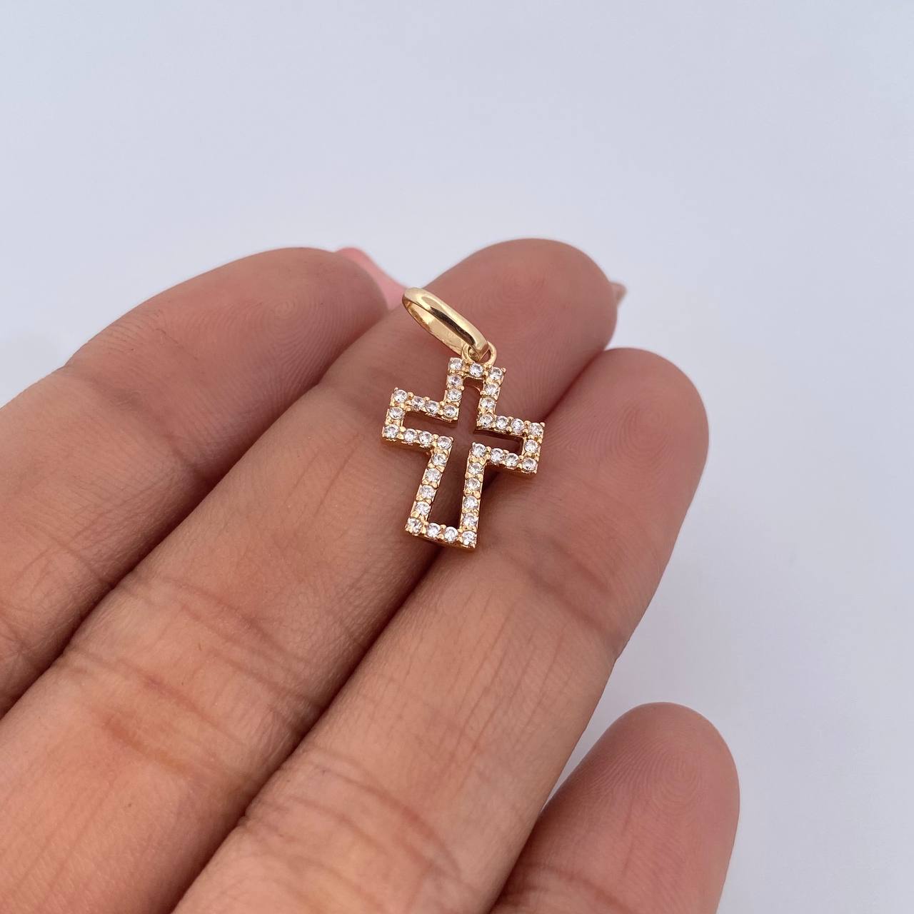 Dije Silueta Cruz 0.9gr / 2cm / Circones Blancos Oro Amarillo 18K &