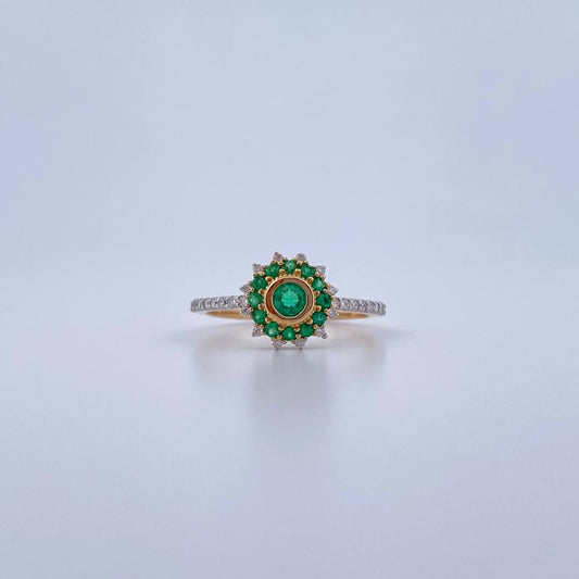 Anillo Flor Dalia 2.1gr / T5 1/4 / Esmeralda 21 Pts Diamante 21 Pts Dos Oros Amarillo Blanco 18K (Joya) &