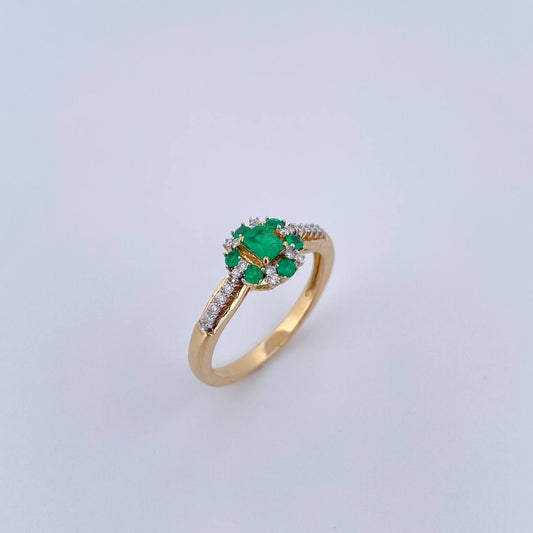 Anillo Halo Churumbela 3.05gr / T6 1/4 / Esmeralda 28 Pts Diamante 14 Pts Dos Oros Amarillo Blanco 18K (Joya) &