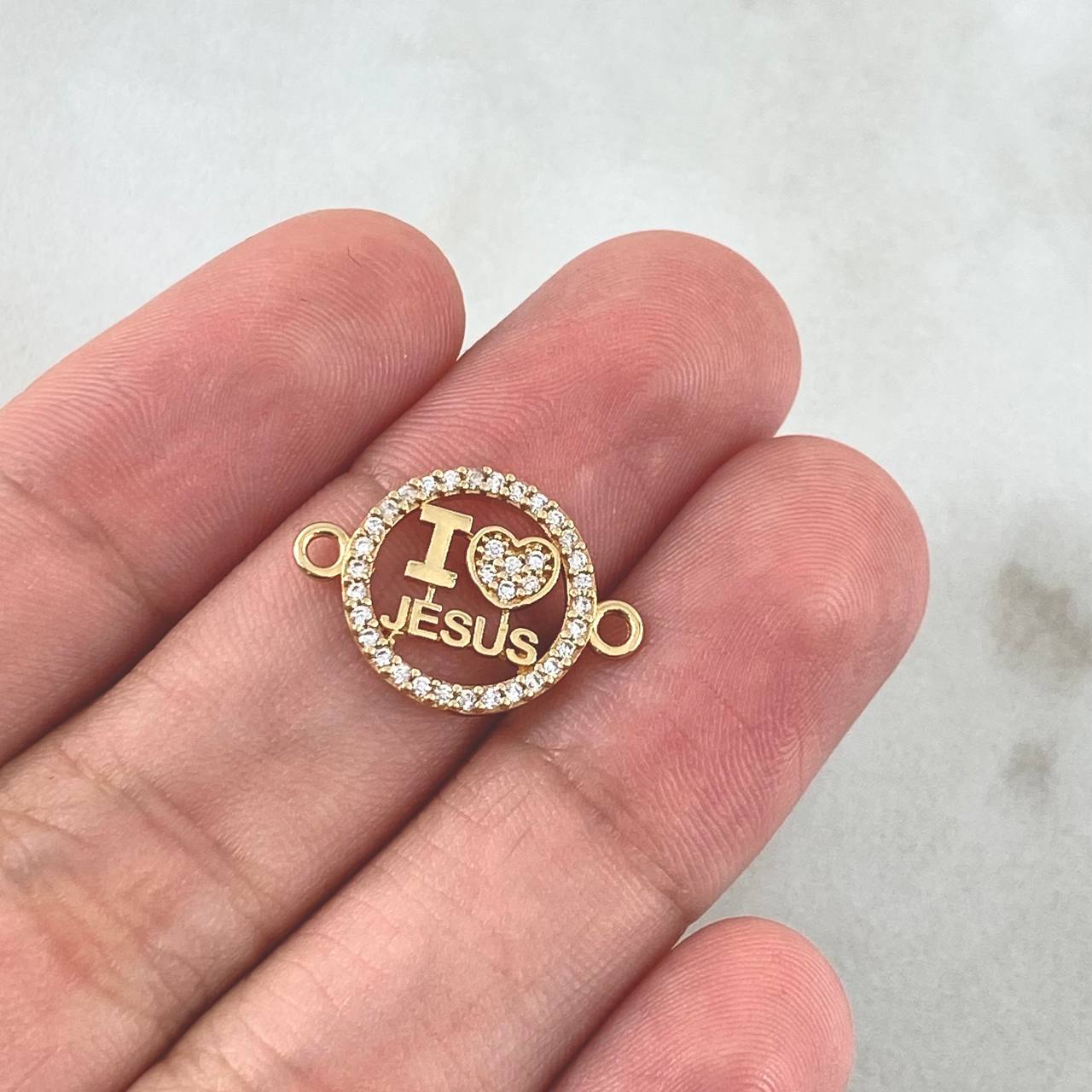 Herraje " I Love Jesus " 1.3gr / 2cm / Circones Blancos Oro Amarillo 18K