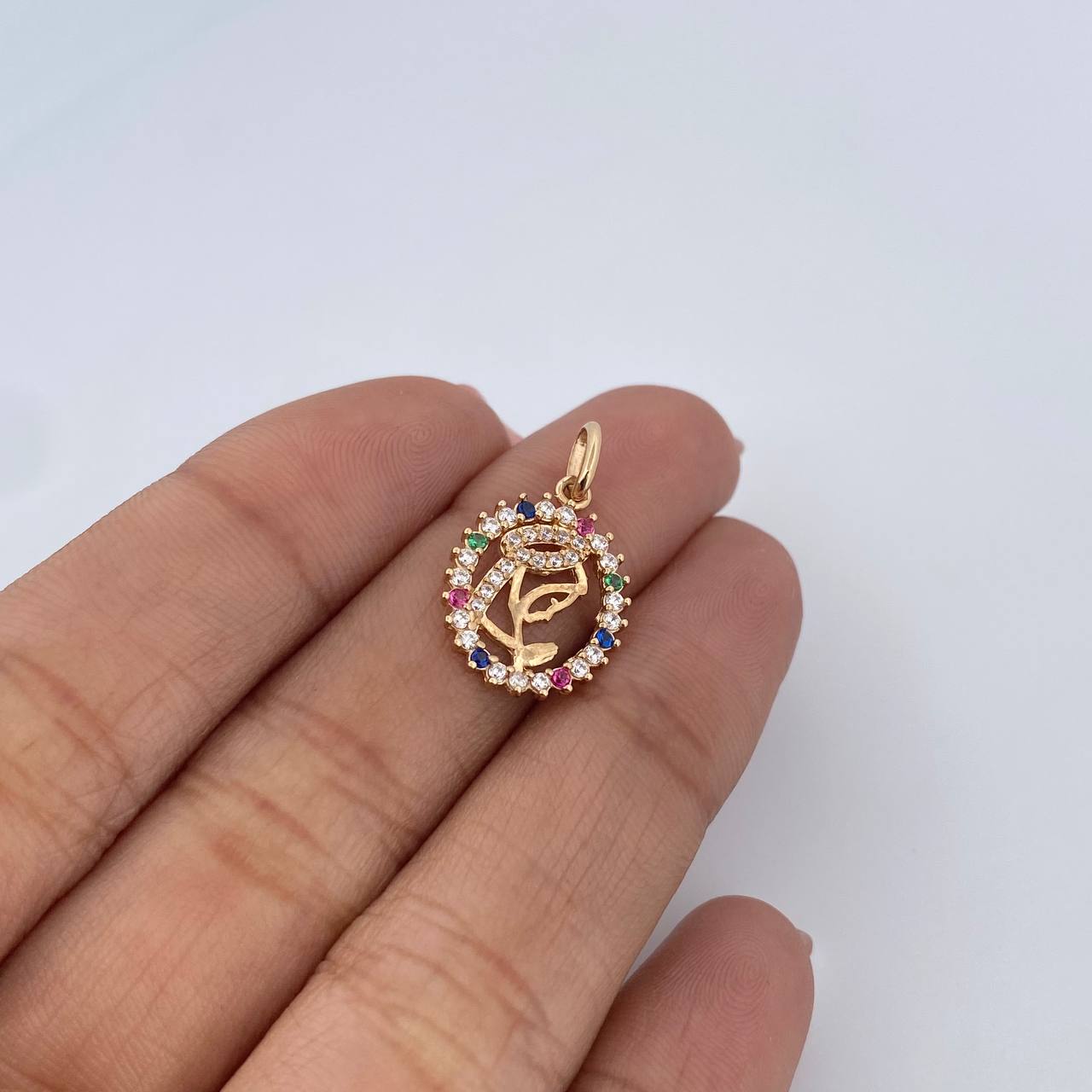 Dije Virgen Maria  1.25gr / 2cm / Circones De Colores Oro Amarillo 18K &
